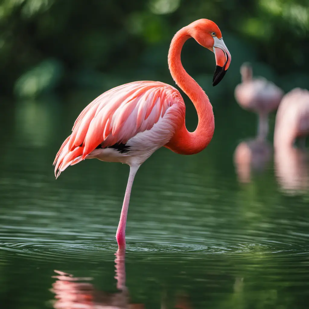 An image showcasing the elegant American Flamingo, its vibrant pink plumage contrasting against lush green vegetation, as it gracefully wades through the crystal-clear waters of Florida's wetlands