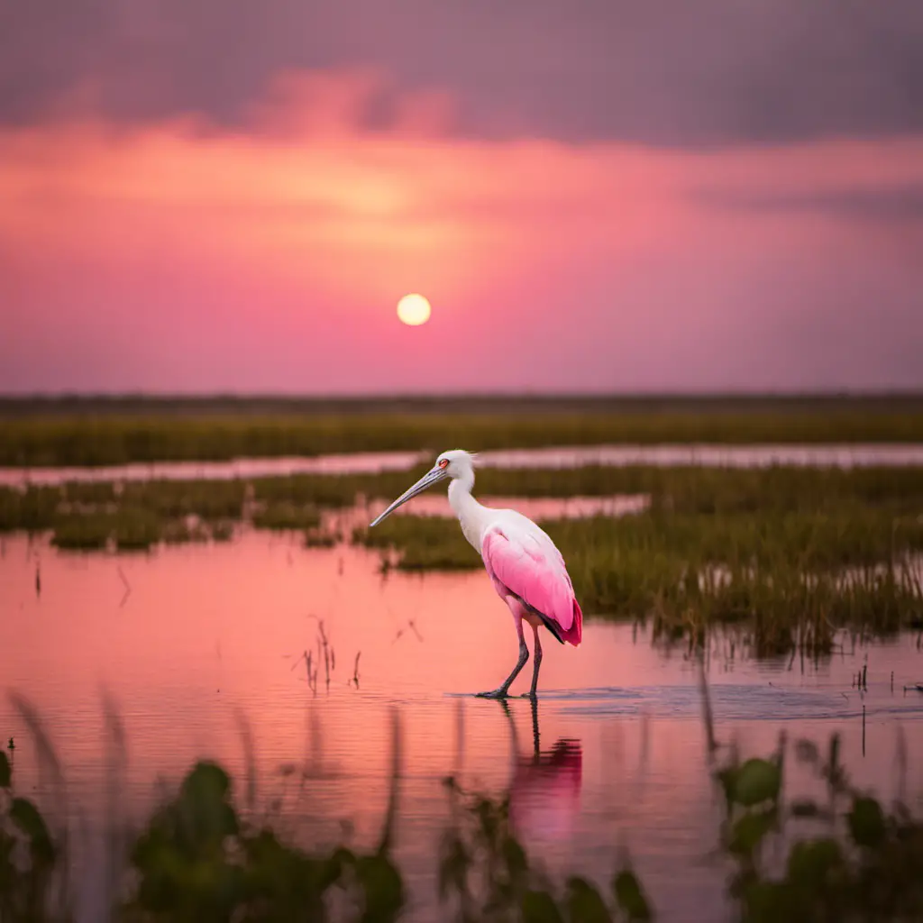 An image capturing the ethereal beauty of a solitary Roseate Spoonbill, its cotton candy-pink plumage illuminated by the golden Florida sunset, as it gracefully wades through the tranquil marshlands