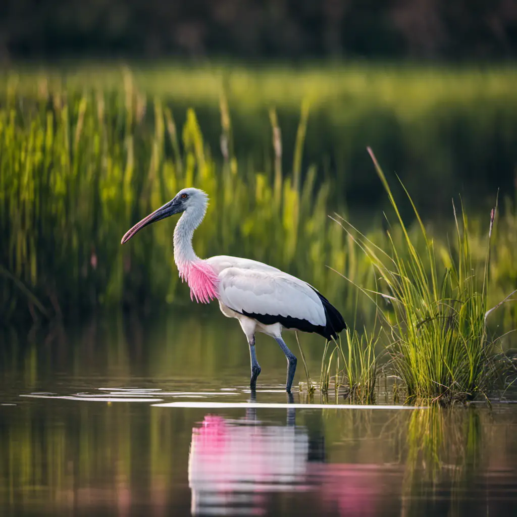 An image showcasing the ethereal beauty of a solitary Wood Stork gracefully wading through a serene marshland in Florida, its pink-hued feathers contrasting against the verdant foliage and reflecting on the calm, glassy water