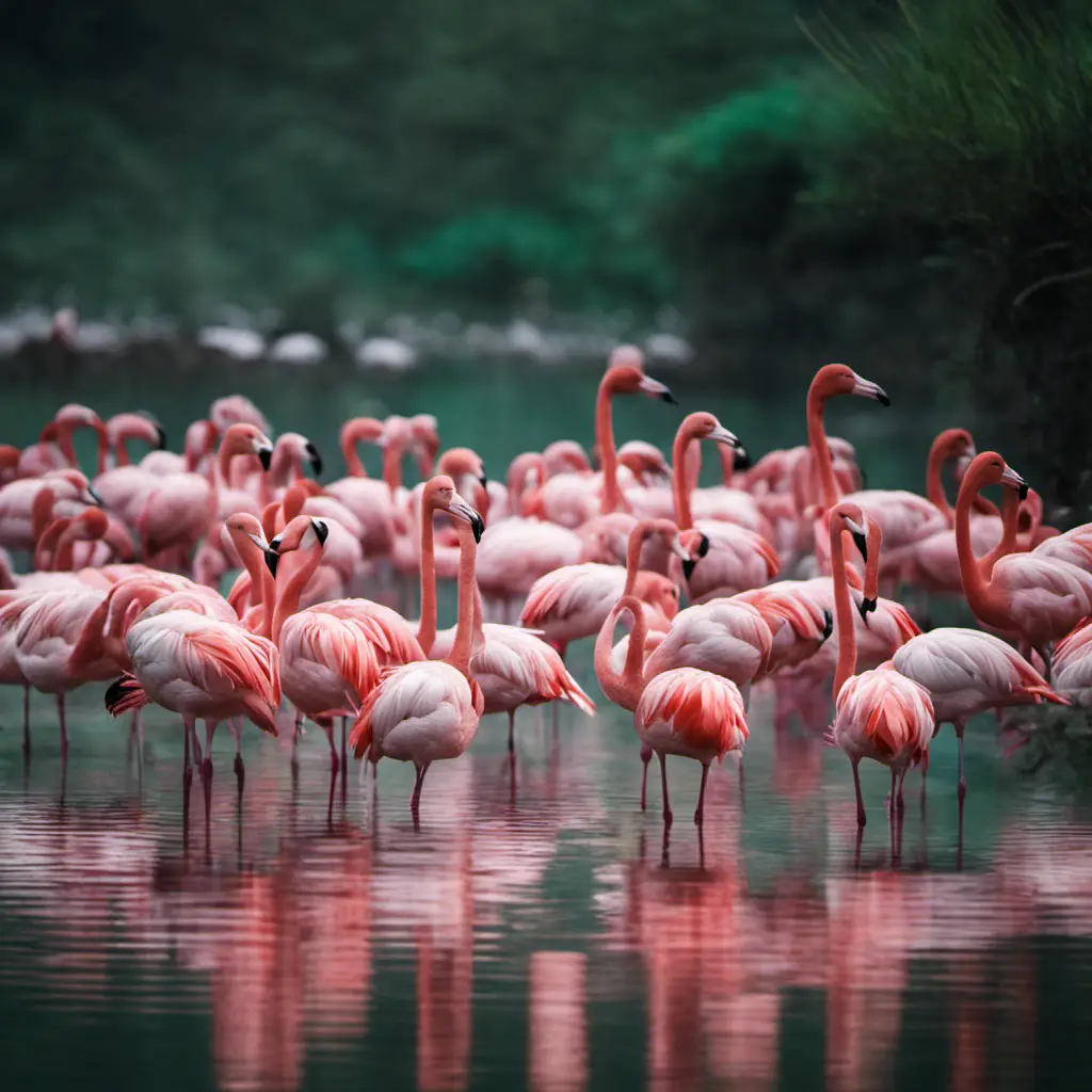 An image capturing the ethereal beauty of Andean Flamingos as they gracefully wade through shallow, emerald-green waters of their high-altitude habitat, their soft pink feathers reflecting in the tranquil mirror-like surface