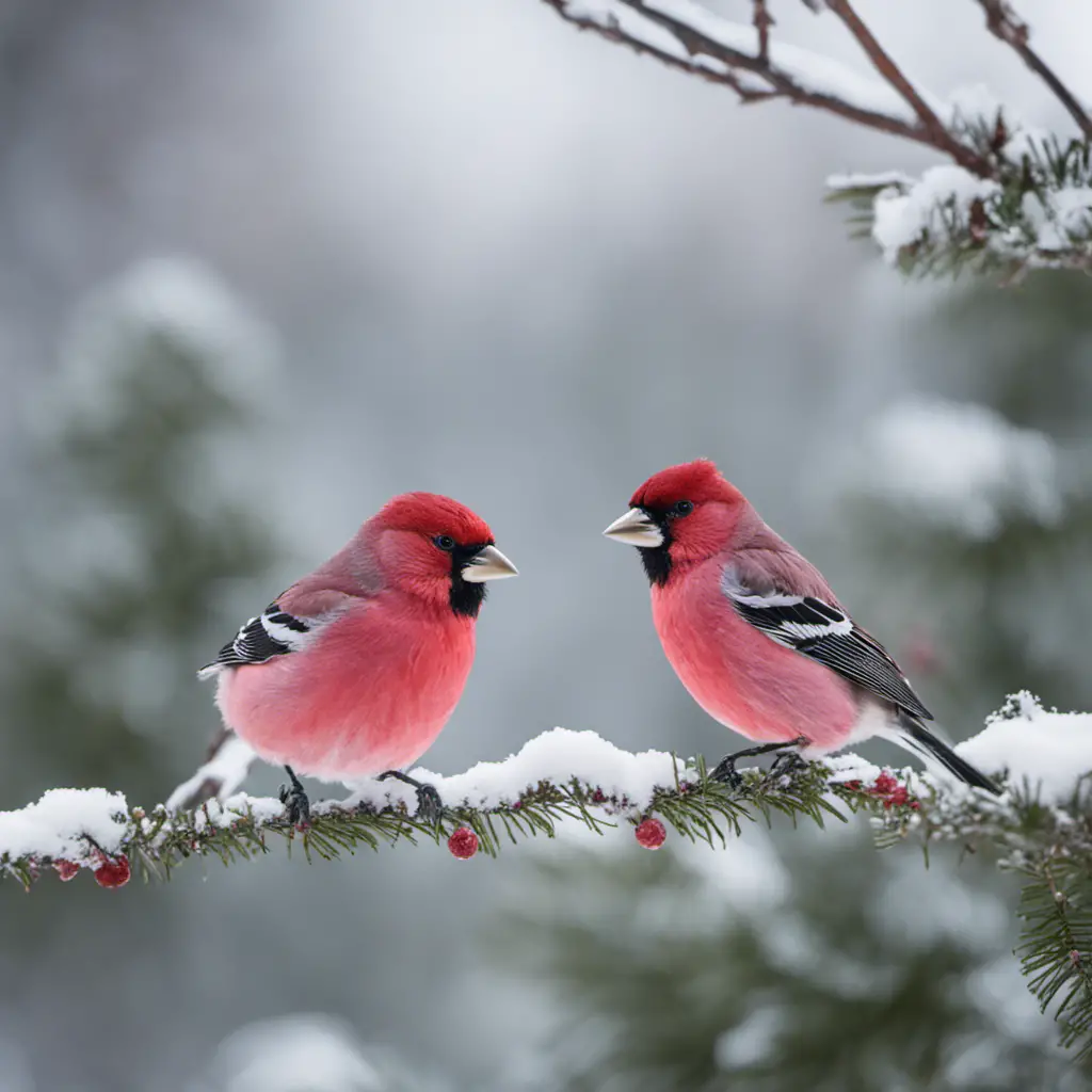 An image capturing the vibrant beauty of a pair of Pine Grosbeaks perched on a snow-covered branch, showcasing their rosy pink plumage contrasting against the wintry landscape