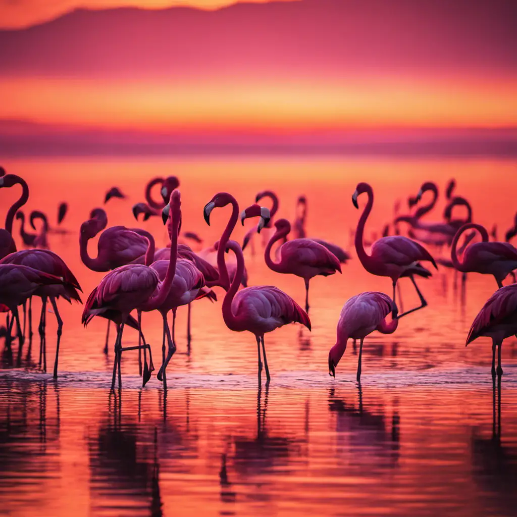 An image that showcases the enchanting world of pink birds, depicting a flock of flamingos gracefully wading through a shimmering lake, their feathers casting a delicate blush hue against the golden sunset sky