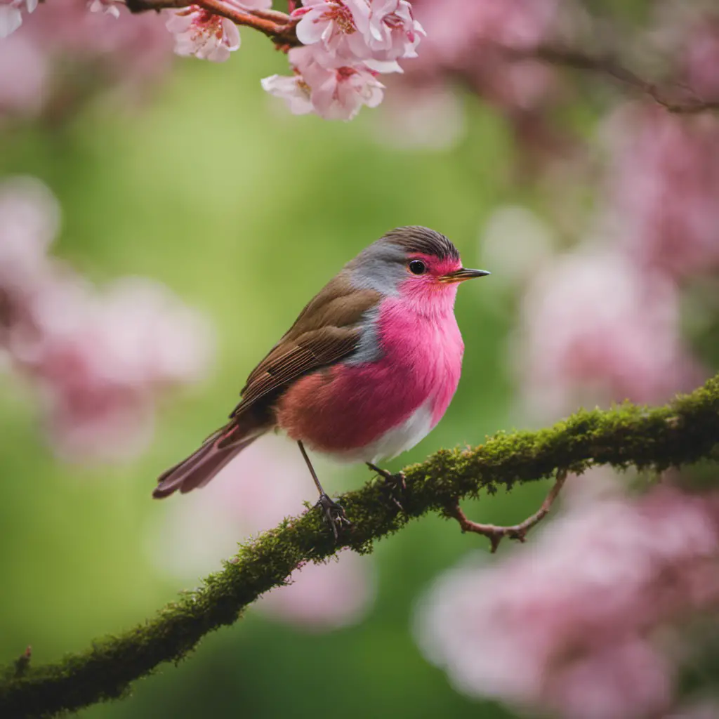 An image capturing the ethereal beauty of a Pink Robin perched on a delicate blossom branch, its vibrant pink plumage contrasting against the lush green foliage, evoking a sense of enchantment and grace