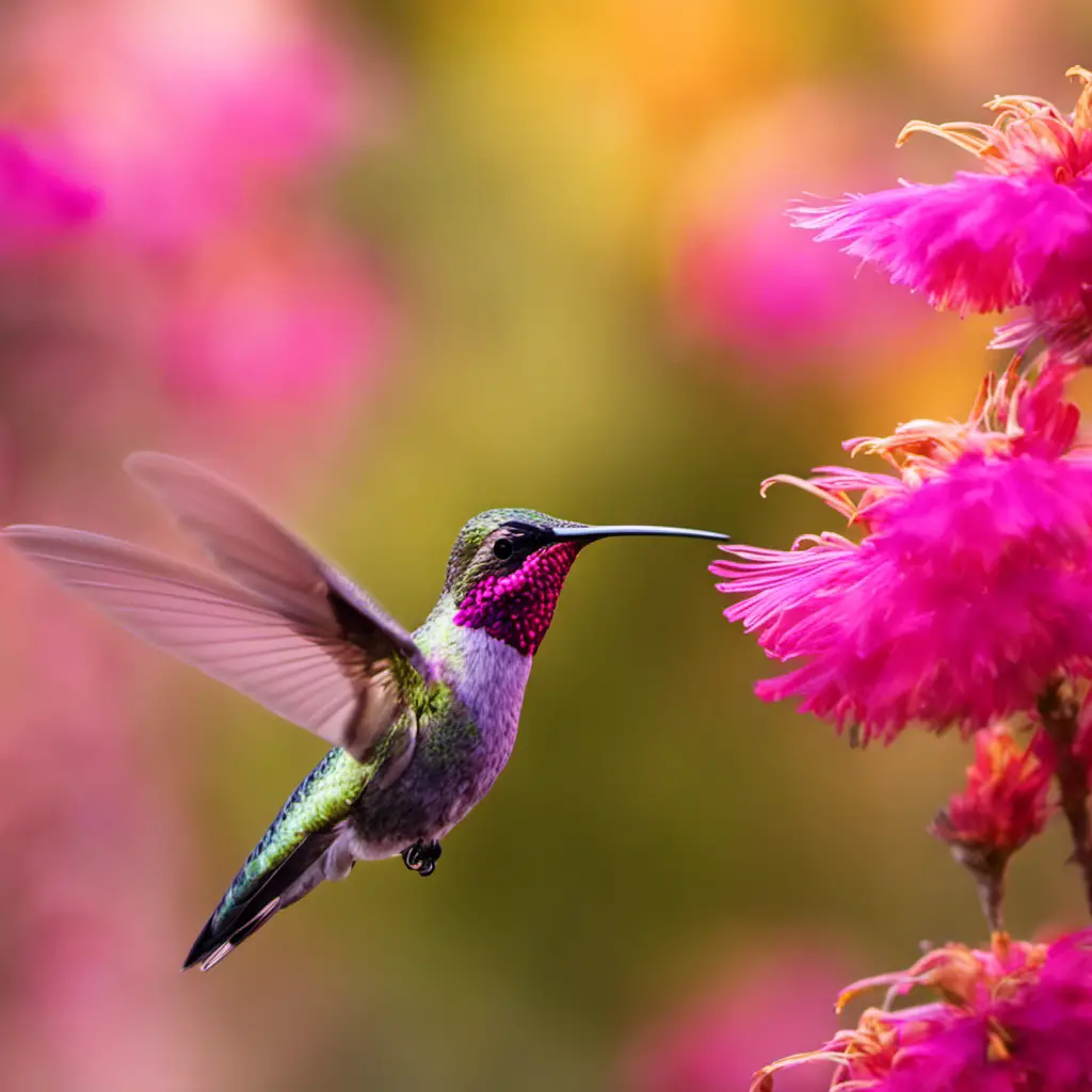 An image capturing the vibrant beauty of an Anna's Hummingbird gracefully hovering mid-air, its iridescent pink feathers shimmering under the golden sunlight, while delicately sipping nectar from a vibrant pink flower
