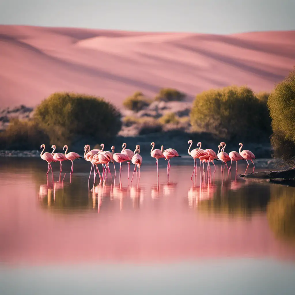 An image capturing the elegance of Chilean Flamingos, featuring a flock of these majestic pink birds gracefully wading in a serene shallow lake, their curved necks forming a perfect reflection on the calm waters