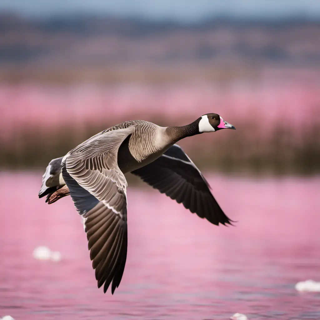 An image showcasing the elegance of a Pink-footed Goose in flight; capture its majestic pink feathers contrasting against a vivid blue sky, with gentle ripples on a serene lake below