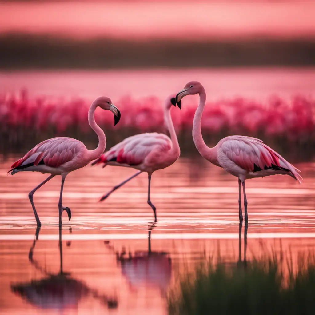  the ethereal beauty of Lesser Flamingos as they gracefully wade in shallow pink-hued waters, their slender bodies adorned with delicate feathers, casting long reflections in the stillness of the serene lake