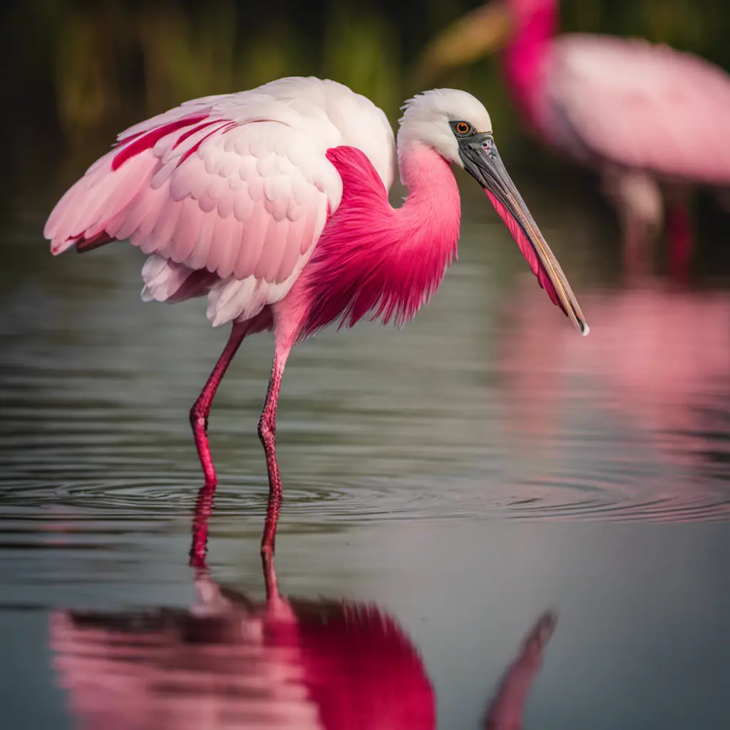 An image showcasing a solitary Roseate Spoonbill in all its glory, standing gracefully in a shallow marshland, its vibrant pink feathers reflecting in the calm waters as it delicately probes the earth for sustenance