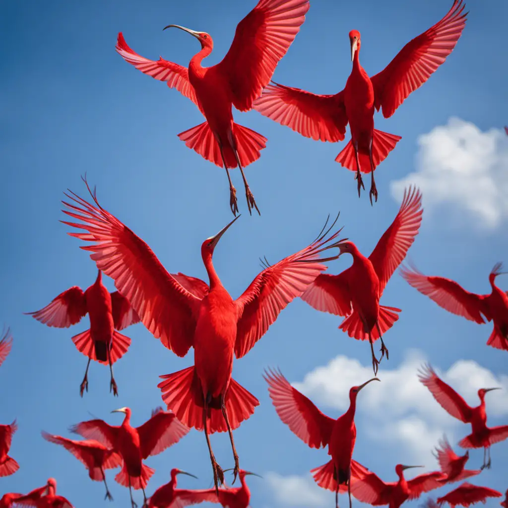 An image capturing the ethereal beauty of a flock of Scarlet Ibis in flight