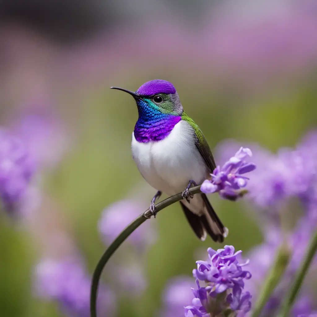 An image capturing the exquisite beauty of a Purple-bibbed Whitetip perched on a blossoming lavender orchid, showcasing its vibrant plumage, slender form, and iridescent purple bib