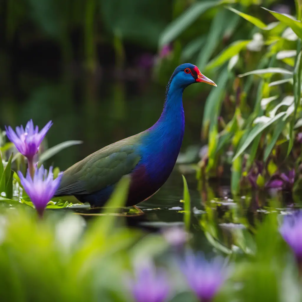 An image capturing the vibrant hues of a Purple Gallinule, its iridescent plumage shimmering under sunlight, as it elegantly balances on a lily pad surrounded by lush greenery and delicate purple wildflowers