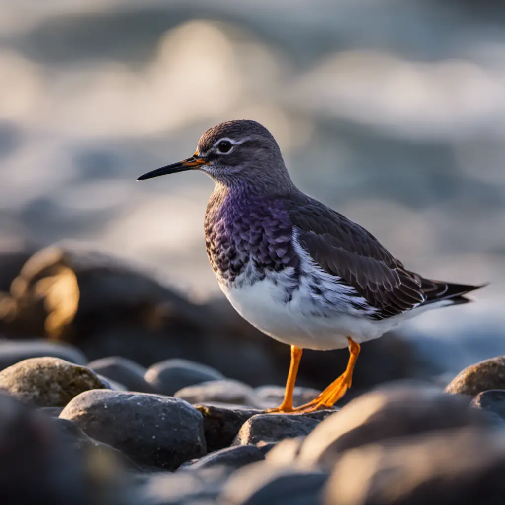 An image of a majestic Purple Sandpiper, standing on a rocky shoreline with waves crashing in the background