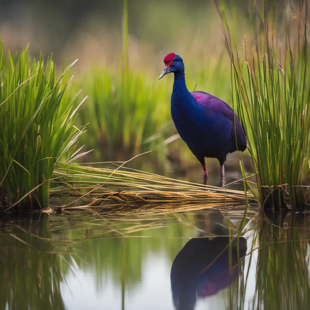 An image capturing the vibrant essence of a Purple Swamphen, featuring its rich, deep purple plumage contrasting against lush green reeds, with its long legs gracefully navigating the marshy wetlands