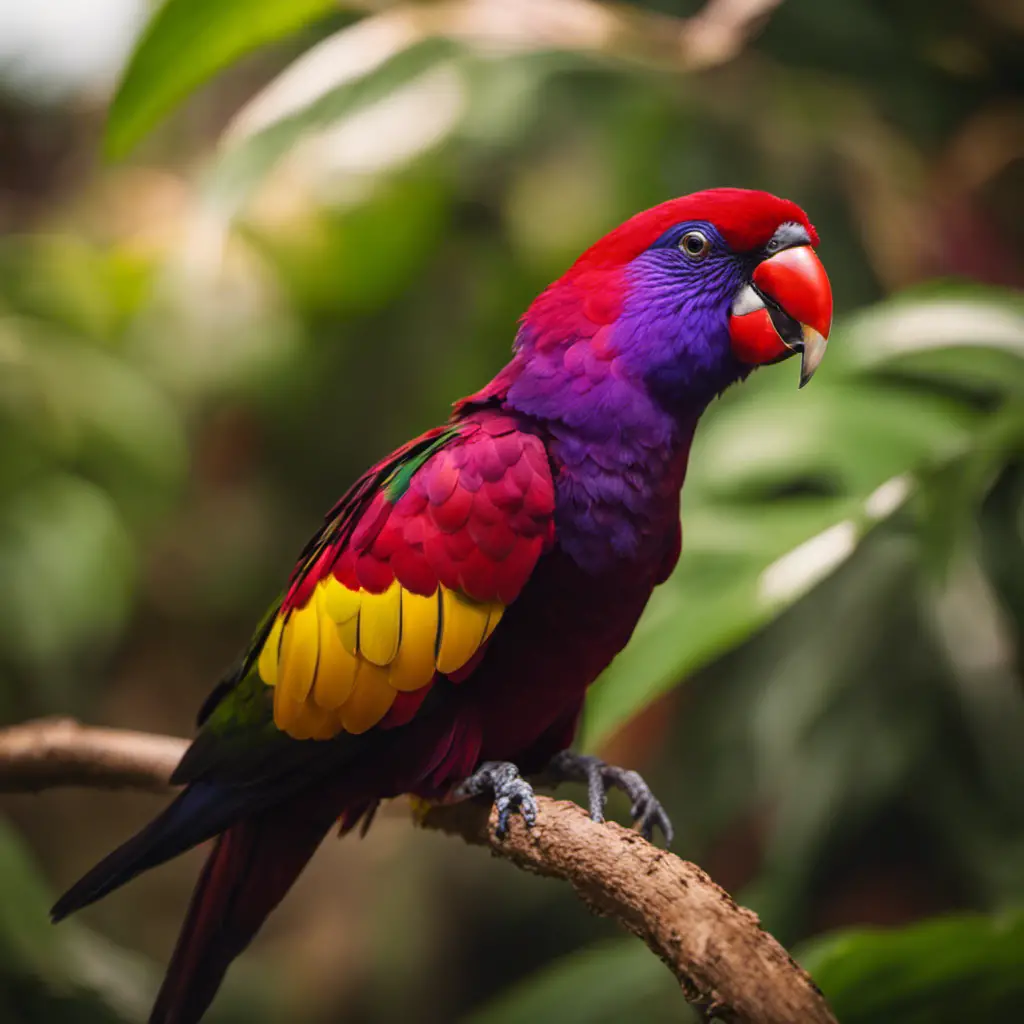 An image portraying a vibrant, tropical setting with a close-up of a majestic Purple-naped Lory perched on a branch, showcasing its radiant purple plumage and distinctively patterned feathers