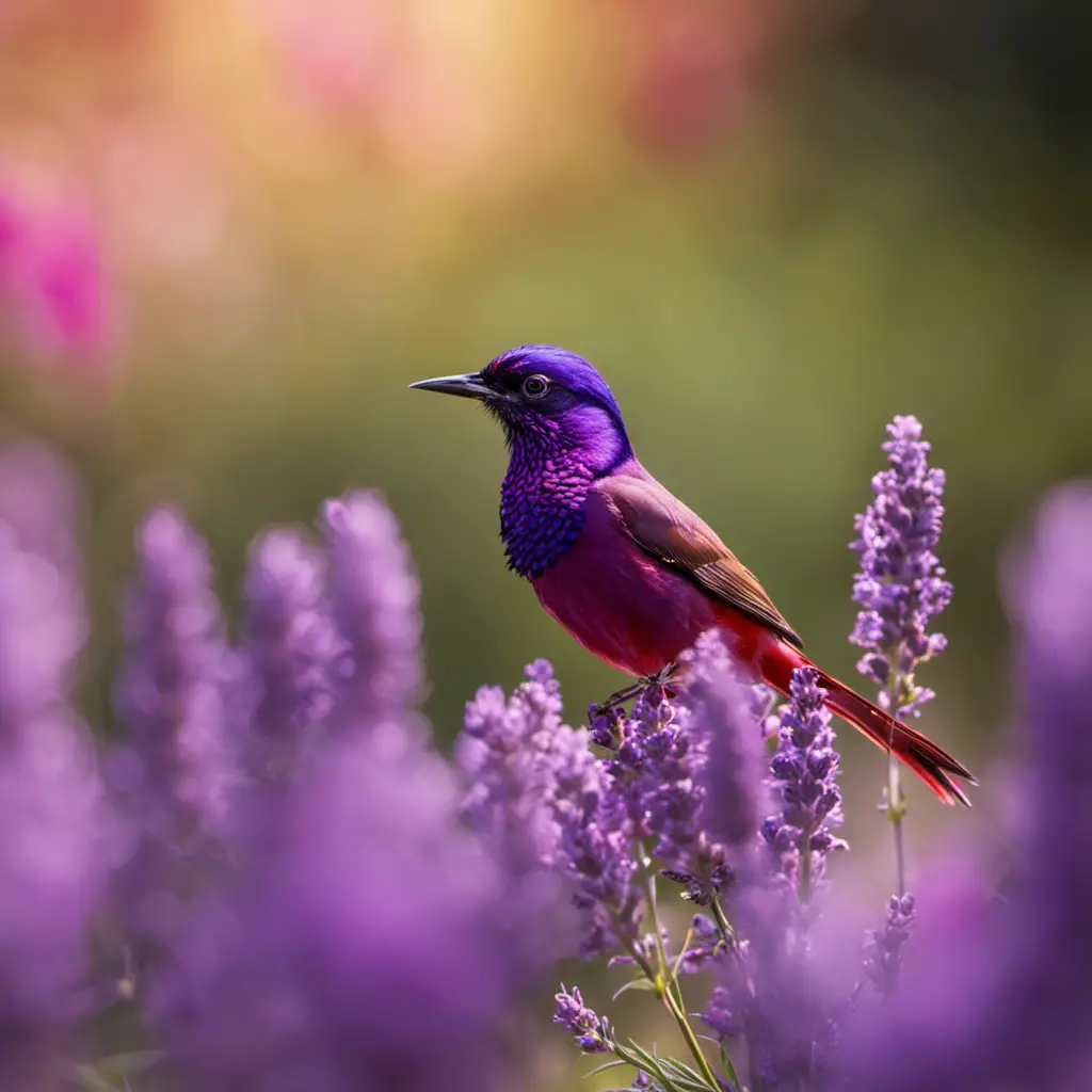 An image featuring a resplendent Purple Grenadier perched atop a blooming lavender branch, its vibrant plumage glowing in the sunlight
