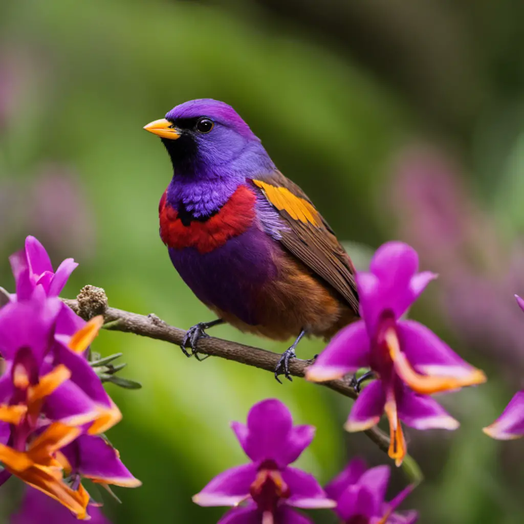An image showcasing the vibrant plumage of a male Varied Bunting perched on a blooming purple orchid, surrounded by lush green foliage