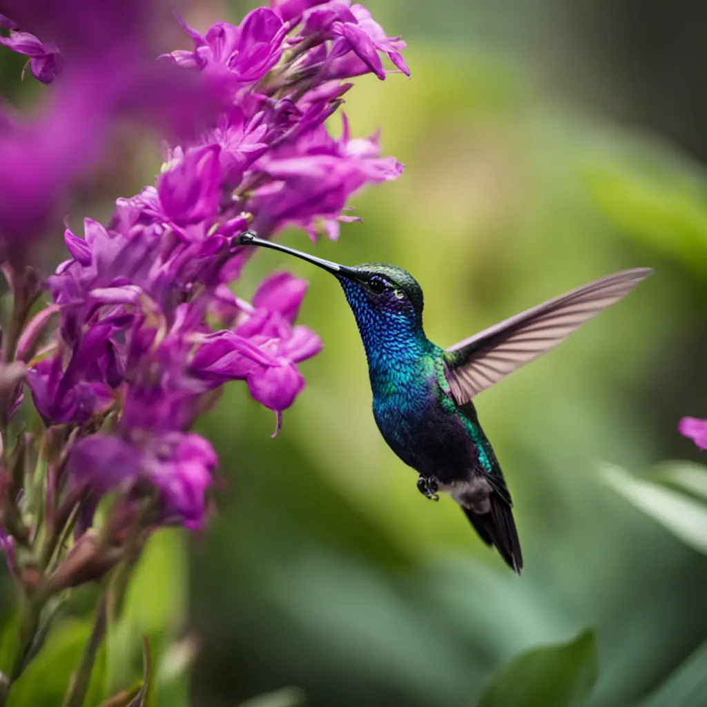 An image capturing the vibrant elegance of a Purple-throated Carib: a small hummingbird with iridescent purple plumage and a distinctively long, curved beak, as it hovers mid-air near delicate tropical flowers