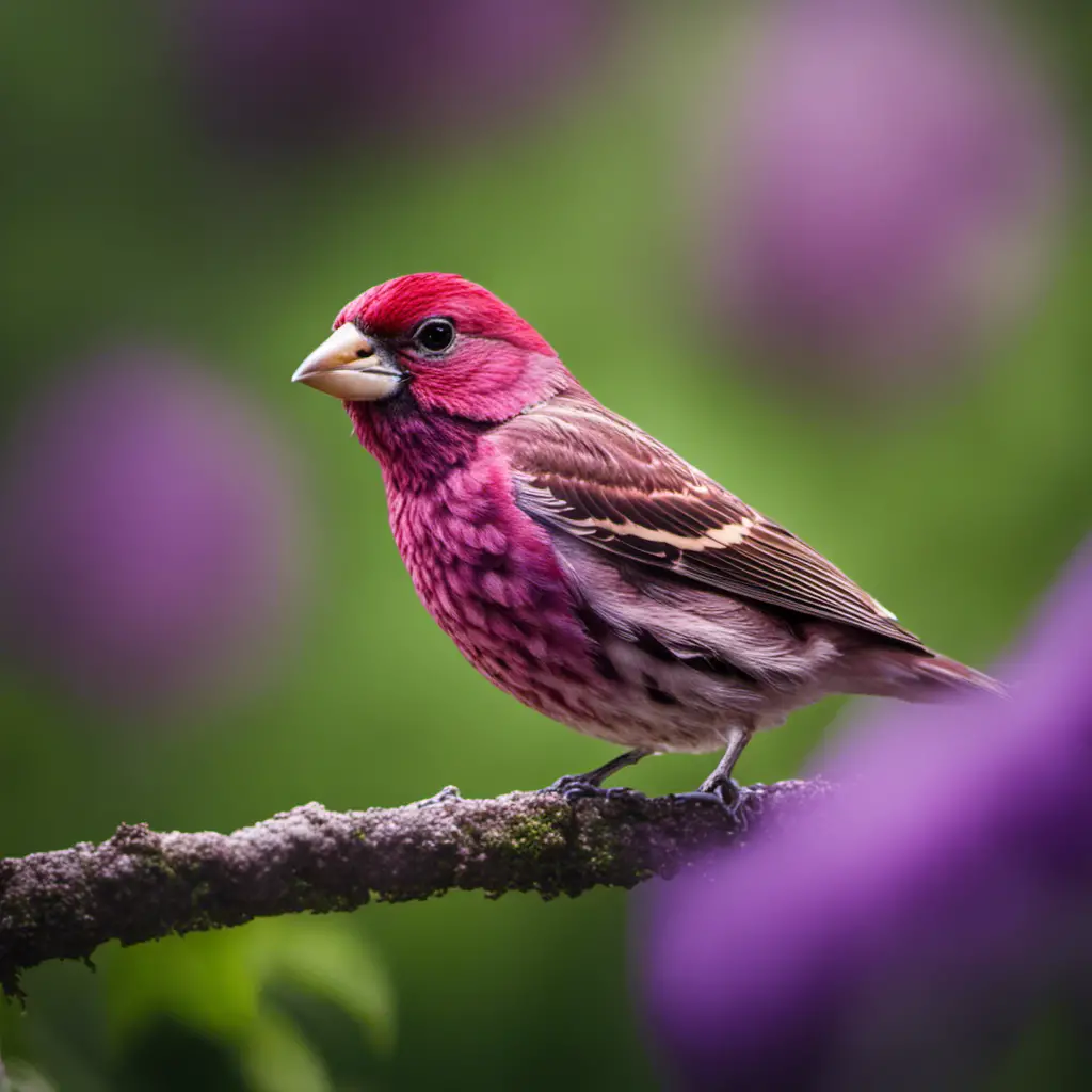 An image showcasing the enchanting Purple Finch, adorned with a vibrant plumage of deep amethyst, contrasting against a lush green background