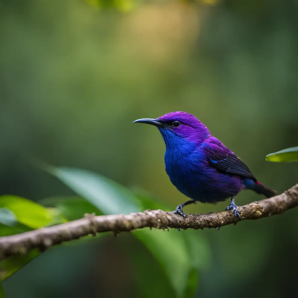 An image capturing the mesmerizing beauty of a Purple Honeycreeper perched on a delicate branch amidst a lush rainforest backdrop