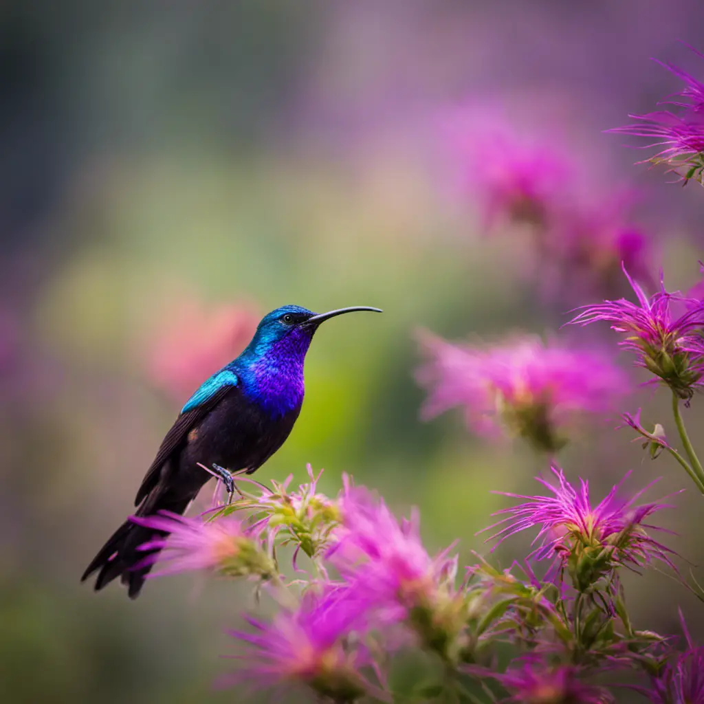 An enchanting image capturing the vibrant world of Purple Sunbirds: a magnificent male perched on a delicate purple flower, its iridescent feathers shimmering in the sunlight, as a graceful female hovers nearby