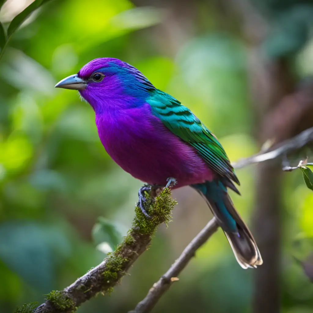 An image capturing the ethereal beauty of a Purple-breasted Cotinga in its natural habitat, showcasing its vibrant plumage of rich lavender hues contrasting against lush green foliage, with sunlight gently illuminating its iridescent feathers