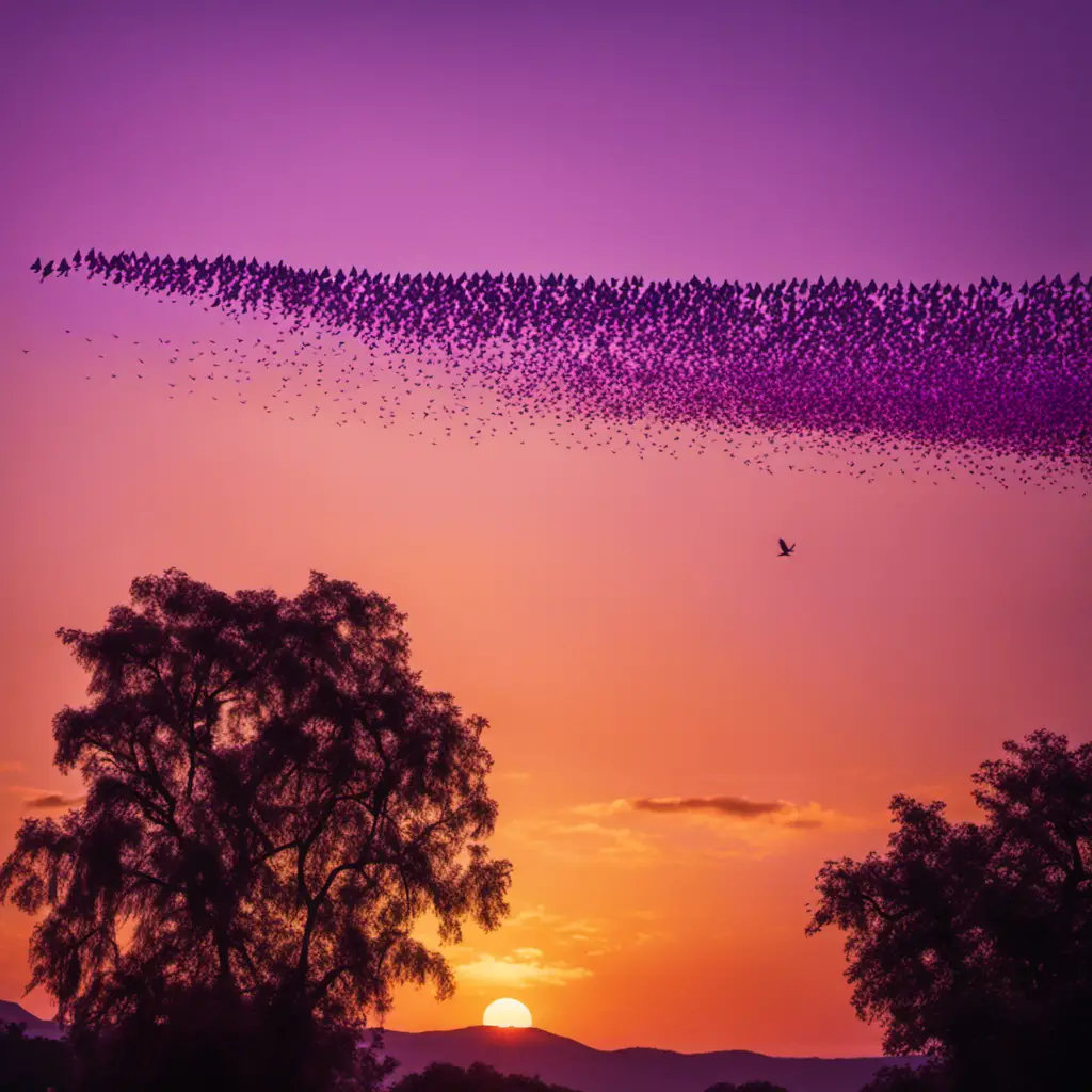 An eye-catching image featuring a vibrant flock of purple birds gracefully soaring across a picturesque sunset sky, their plumage shimmering with hues of amethyst, lavender, and indigo, evoking a whimsical and enchanting atmosphere