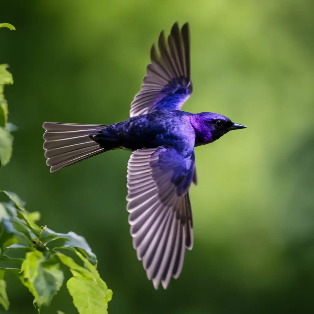 An image that captures the mesmerizing grace of a Purple Martin in flight, showcasing its vibrant purple plumage against a backdrop of lush green foliage
