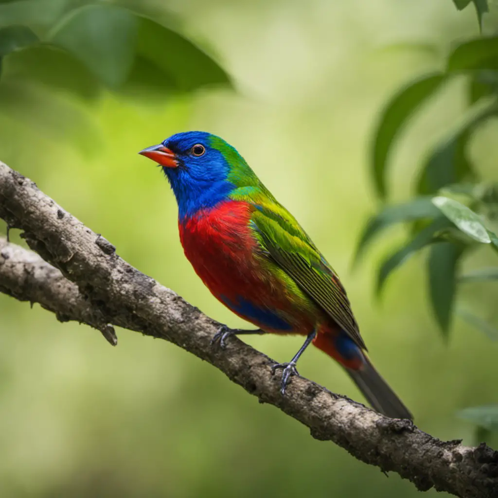 An image capturing the vibrant beauty of a male Painted Bunting perched on a branch, showcasing its electrifying blue head, ruby-red breast, and emerald-green back, amidst the lush foliage of a Florida forest