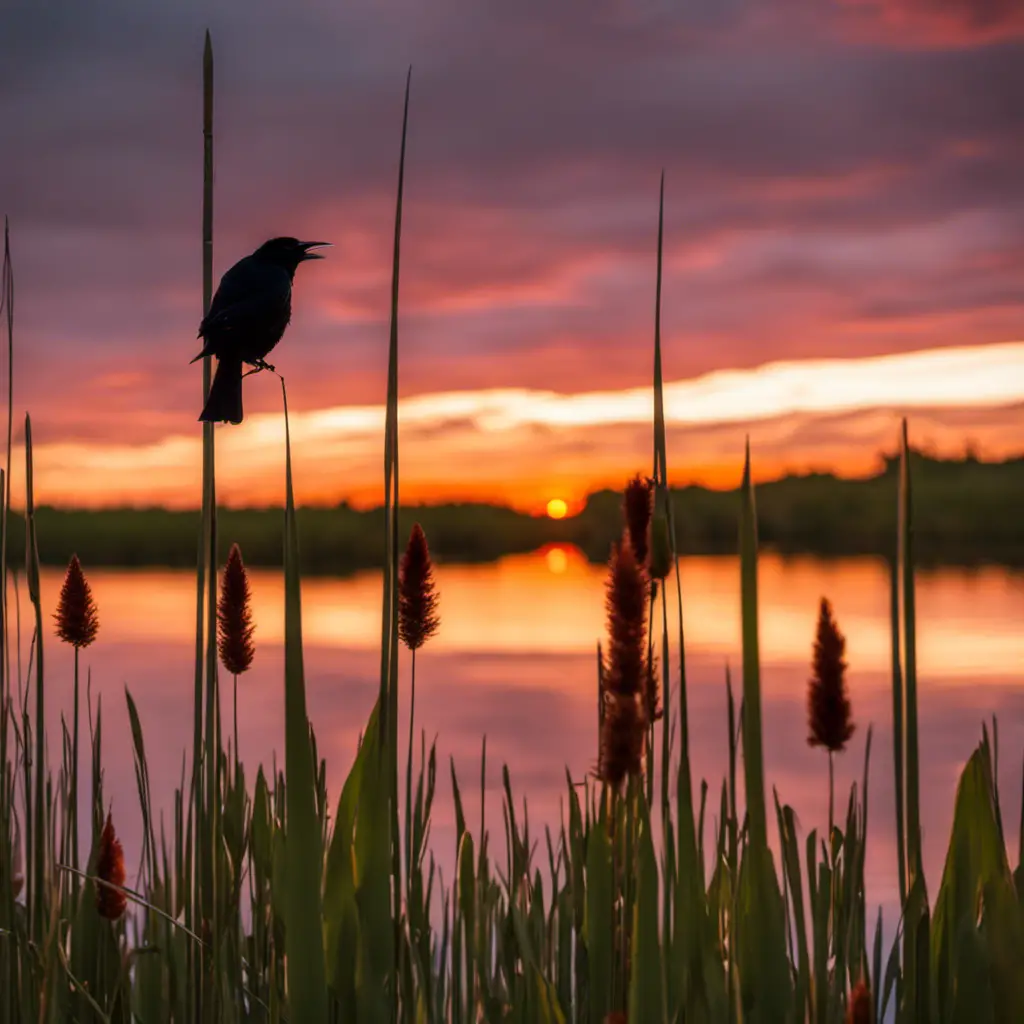 An image showcasing the vibrant Florida landscape, with a solitary Red-winged Blackbird perched on a swaying cattail, its glossy black feathers contrasting against the lush greenery and fiery sunset sky