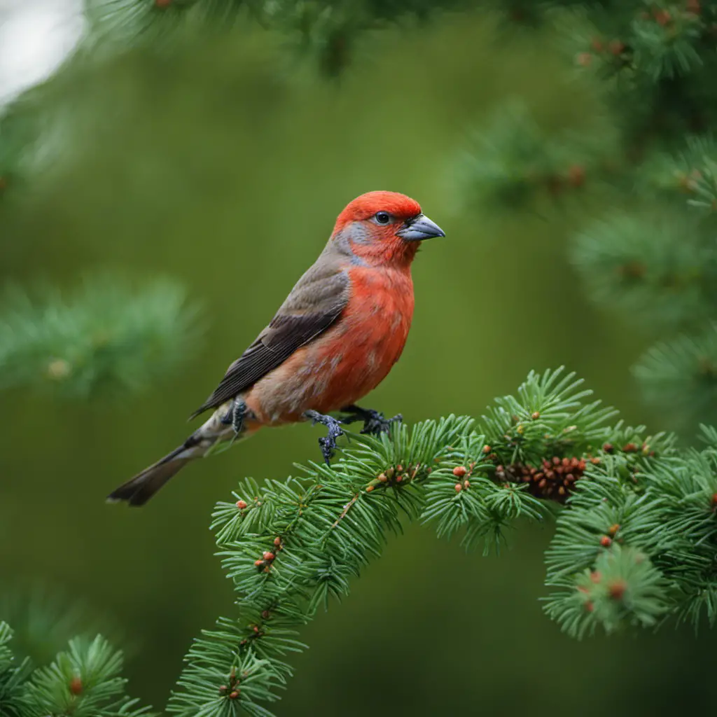 An image capturing the vibrant Michigan landscape, with a solitary Red Crossbill perched on a cone of a majestic Eastern Hemlock tree, its crimson feathers contrasting against the green foliage