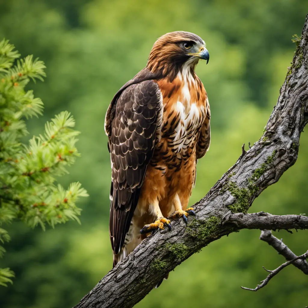 An image capturing the intense gaze of a majestic Red-Tailed Hawk perched on a branch, its fiery red feathers contrasting against the lush green backdrop of Michigan's landscape