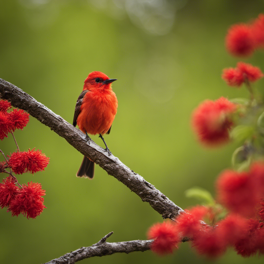 An image capturing the vibrant essence of a Vermillion Flycatcher perched on a branch, against the backdrop of Michigan's lush greenery
