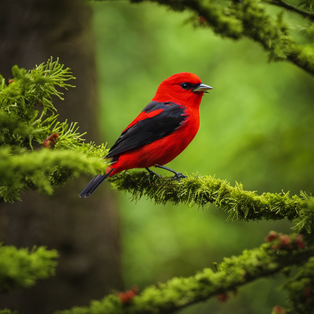 An image capturing the vibrant beauty of a Scarlet Tanager perched on a moss-covered branch amidst the lush greenery of a Michigan forest