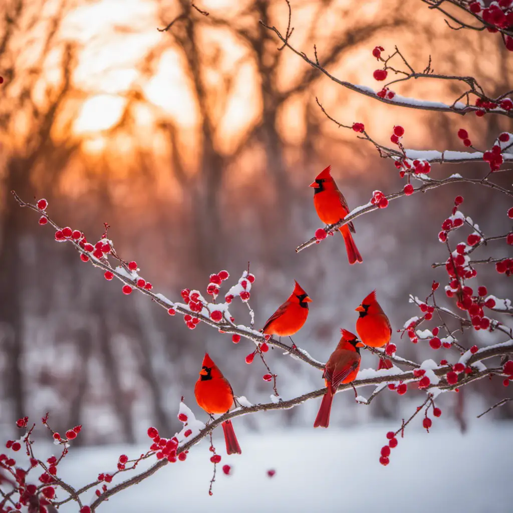 the enchanting sight of scarlet cardinals perched on snow-laden branches amidst an Ohio winter wonderland