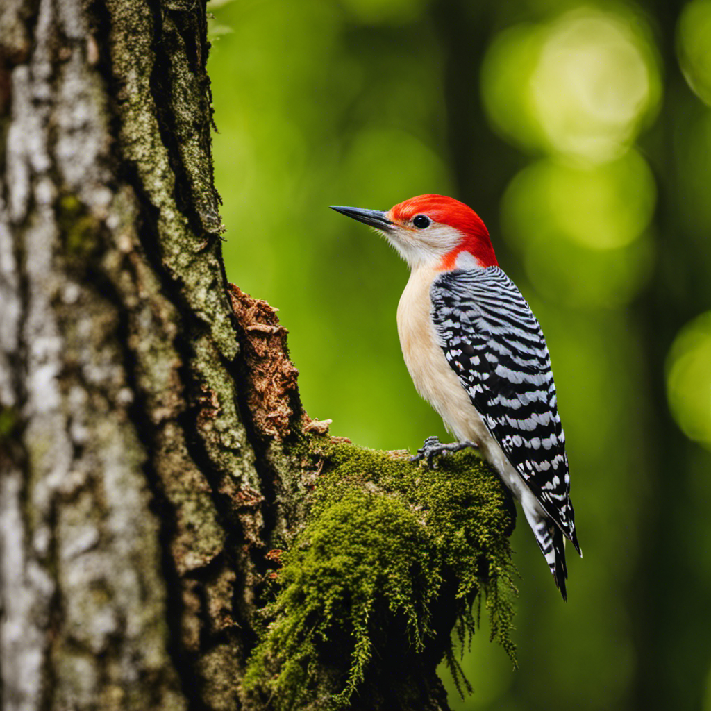 An image capturing the vibrant beauty of a Red-bellied Woodpecker perched on a mossy tree trunk, its fiery red head contrasting against the lush green surroundings of an Ohio woodland