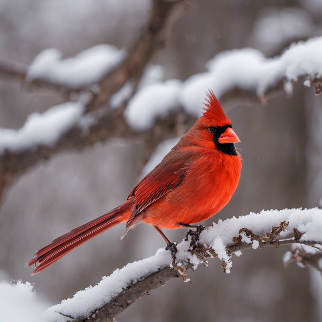 An image capturing the vibrant presence of a male Northern Cardinal perched on a snow-covered branch, its fiery red plumage contrasting against the winter landscape, symbolizing resilience and beauty in Ohio's avian world