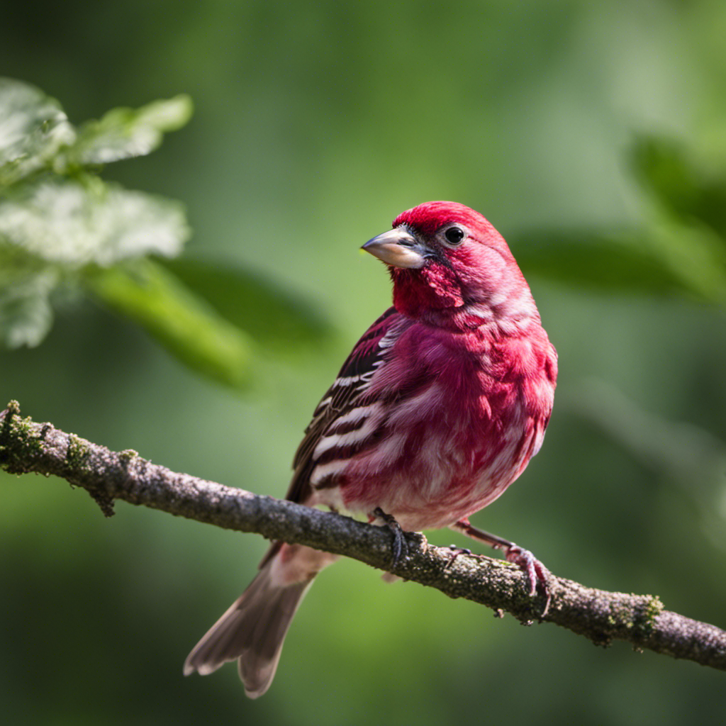 An image capturing the enchanting presence of a male Purple Finch, its vibrant crimson plumage contrasting against the lush greenery of an Ohio forest, while perched on a delicate branch