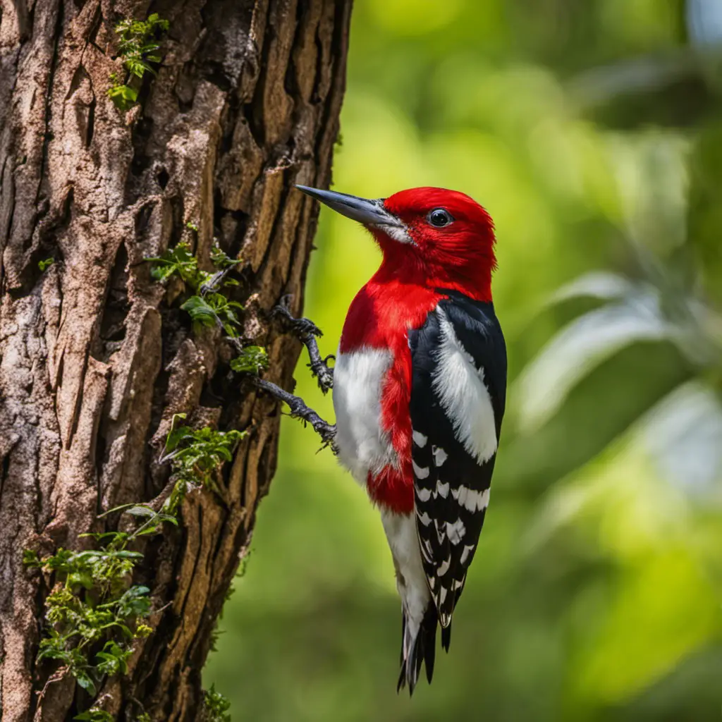 An image capturing the vibrant scene of a Red-headed Woodpecker in Texas, its fiery crimson plumage contrasting against a backdrop of lush green foliage, as it expertly drills into a tree trunk