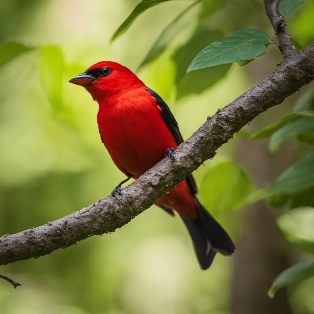 An image capturing the vibrant Scarlet Tanager perched on a branch amidst the lush greenery of a Texas forest, its scarlet plumage contrasting beautifully against the foliage