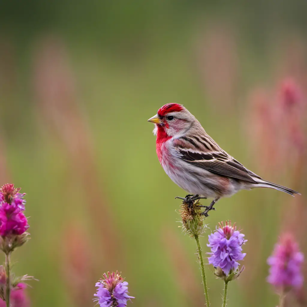 An image showcasing the mesmerizing Common Redpoll, a red bird with a striking crimson crest and a petite frame, perched on a vibrant Texas wildflower, surrounded by swaying prairie grasses