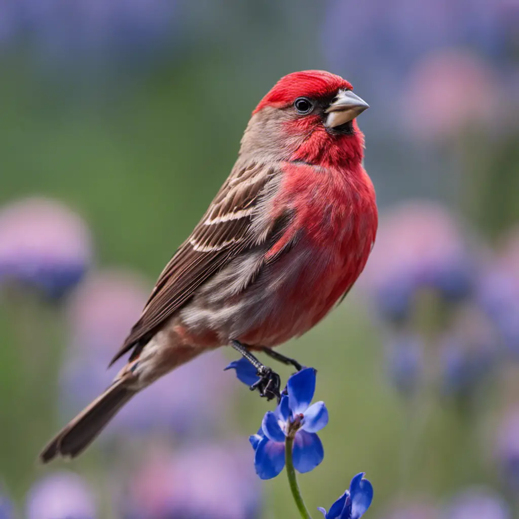 An image showcasing the vibrant House Finch, perched on a blooming Texas bluebonnet, its crimson feathers contrasting against the wildflower's blue petals