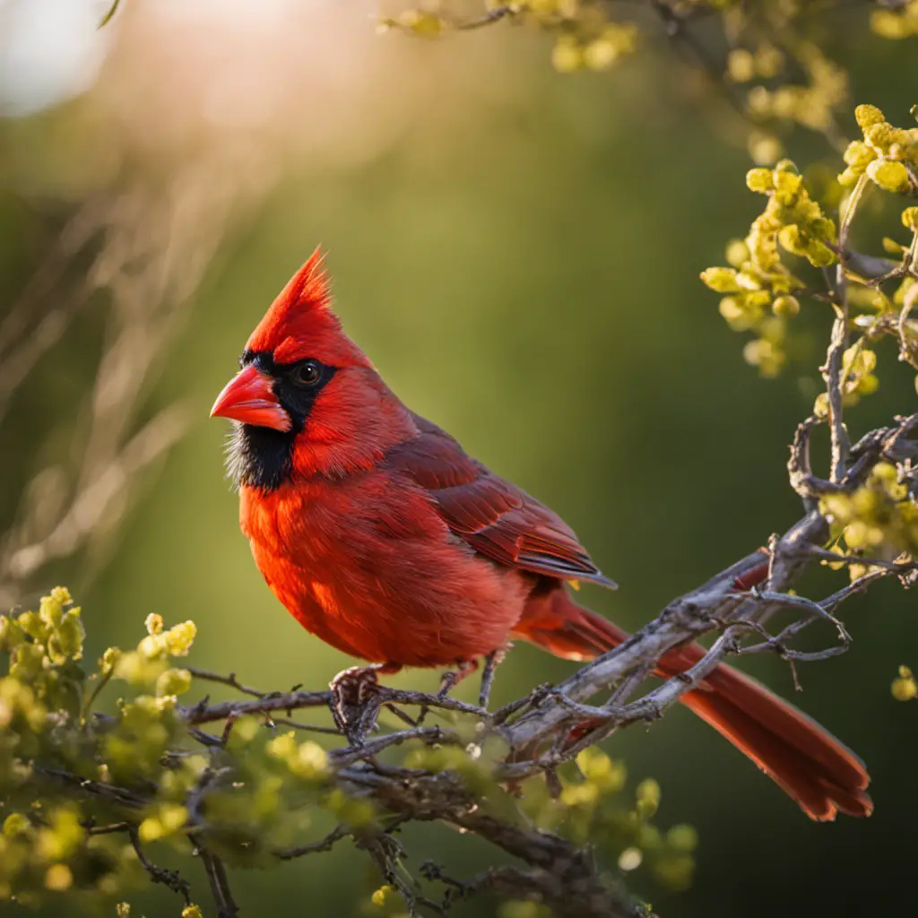 An image capturing the vibrant elegance of a male Northern Cardinal perched on a sunlit branch amidst a lush Texan landscape, boasting its fiery red plumage and contrasting black mask