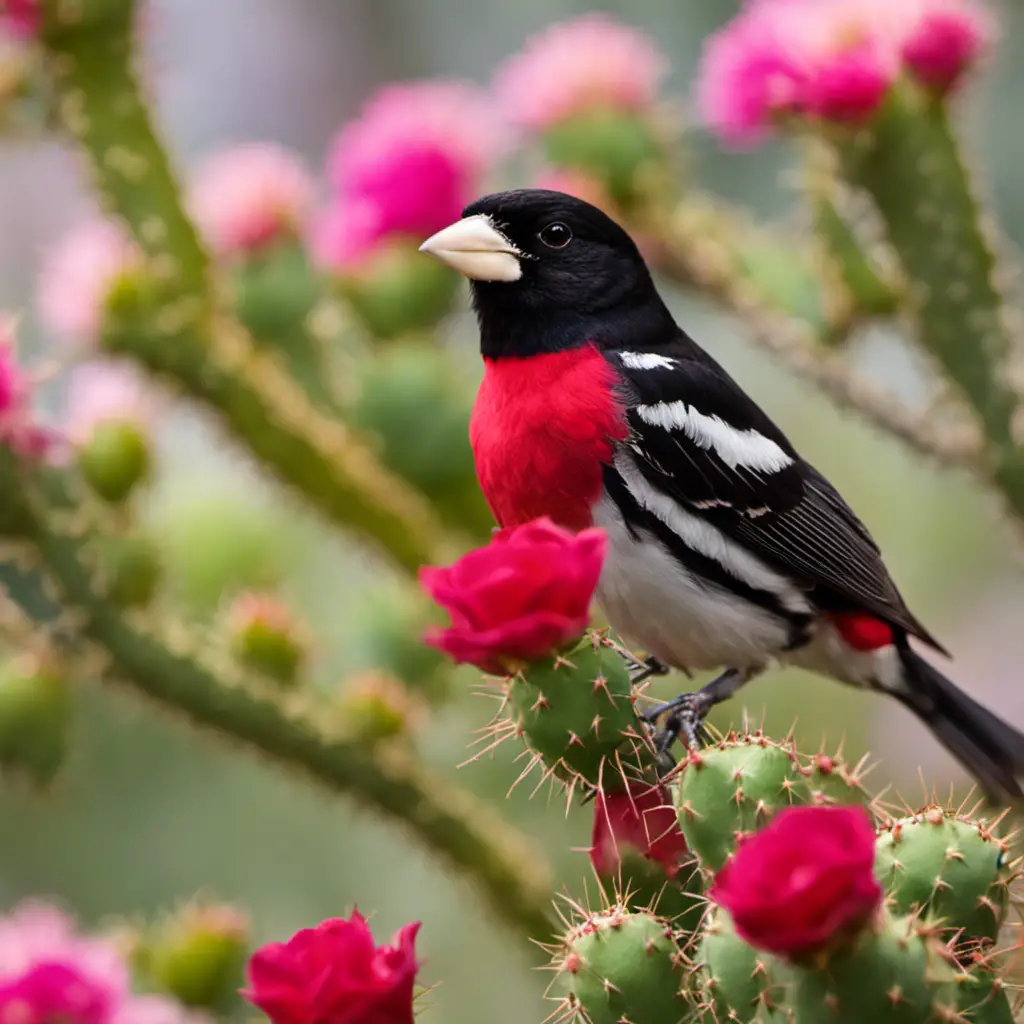 An image capturing the vibrant beauty of a male Rose-breasted Grosbeak perched on a flowering Texas prickly pear cactus, its crimson plumage contrasting against the spiky green pads and delicate pink blooms