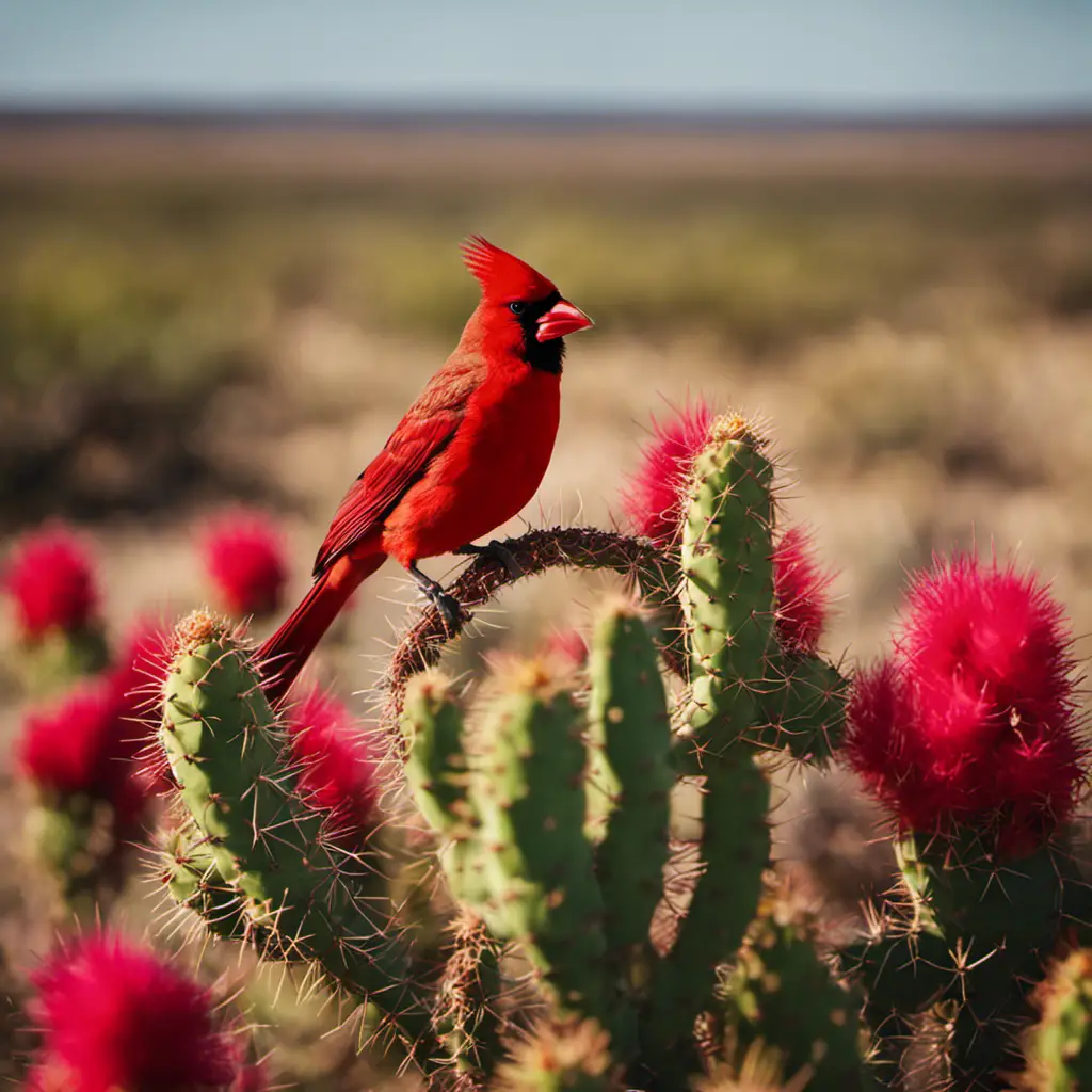 An image capturing the vibrant scene of a Texas grassland, where scarlet cardinals gracefully perch on prickly pear cacti, their crimson feathers contrasting against the arid, sun-drenched landscape