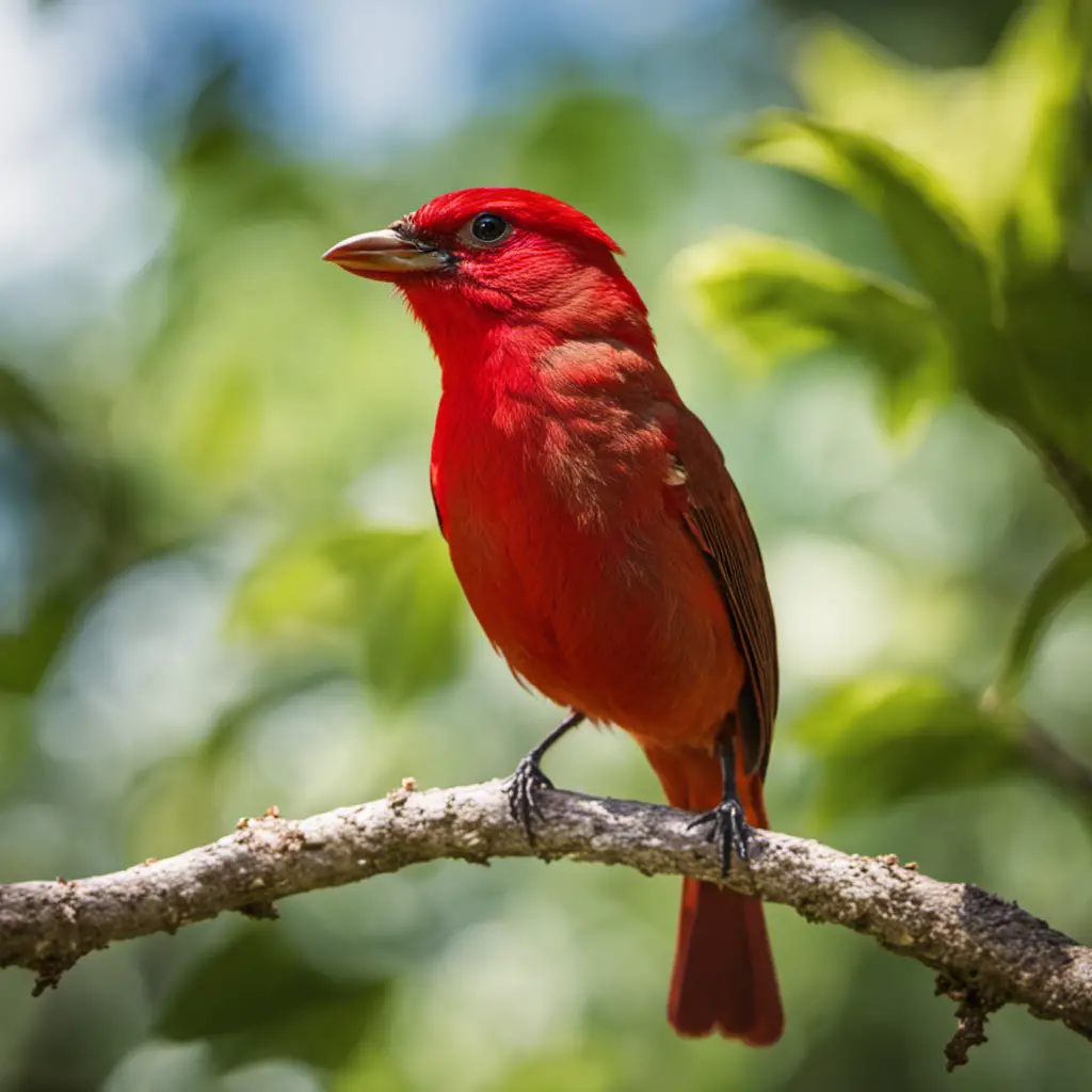 An image capturing the vibrant allure of a male Summer Tanager perched on a sunlit branch amidst the lush Texan landscape, its crimson plumage contrasting with the azure sky and verdant foliage