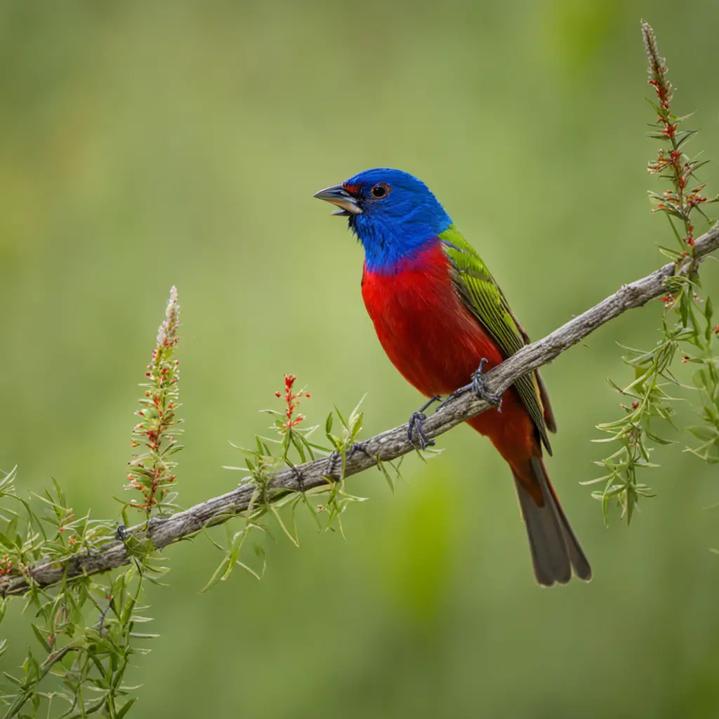 An image capturing the vibrant beauty of a male Painted Bunting perched on a mesquite branch, its crimson plumage contrasting with the lush greenery of a Texan meadow