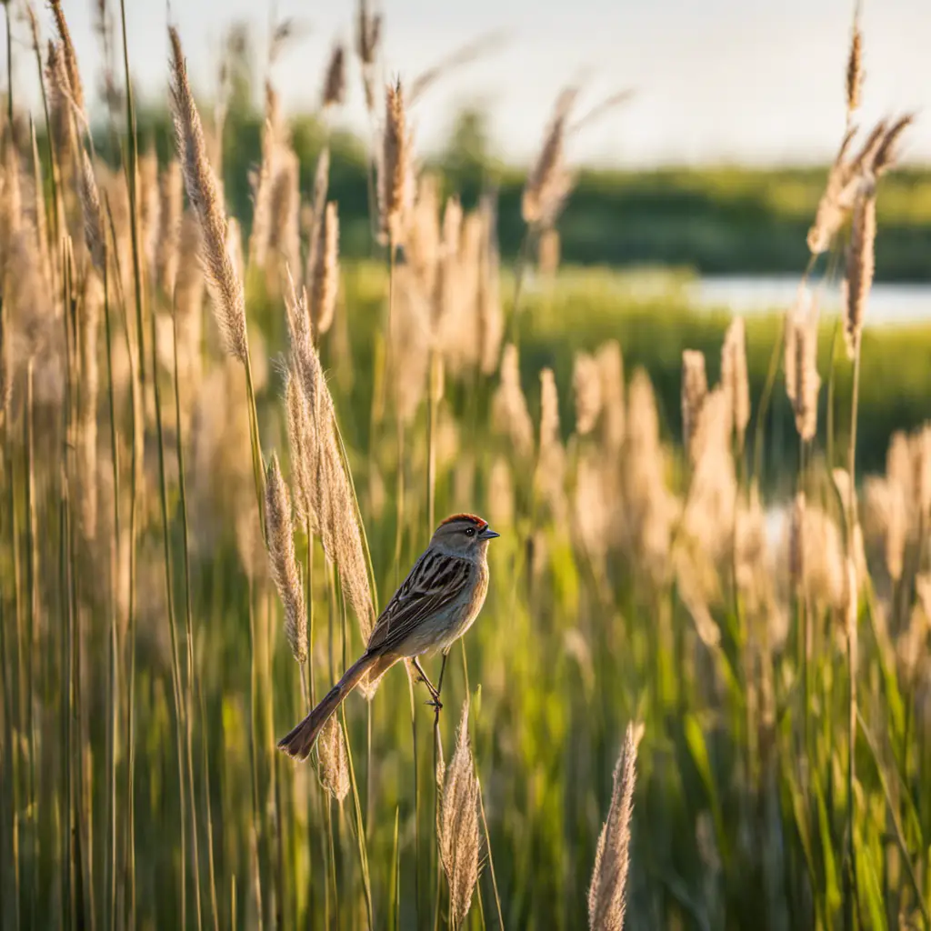 An image capturing the enchanting habitat of Nelson's Sparrow in Ohio: a vibrant marshland with tall grasses swaying gently in the breeze, sunlight filtering through, and delicate sparrows perched on cattails, showcasing their distinctive plumage