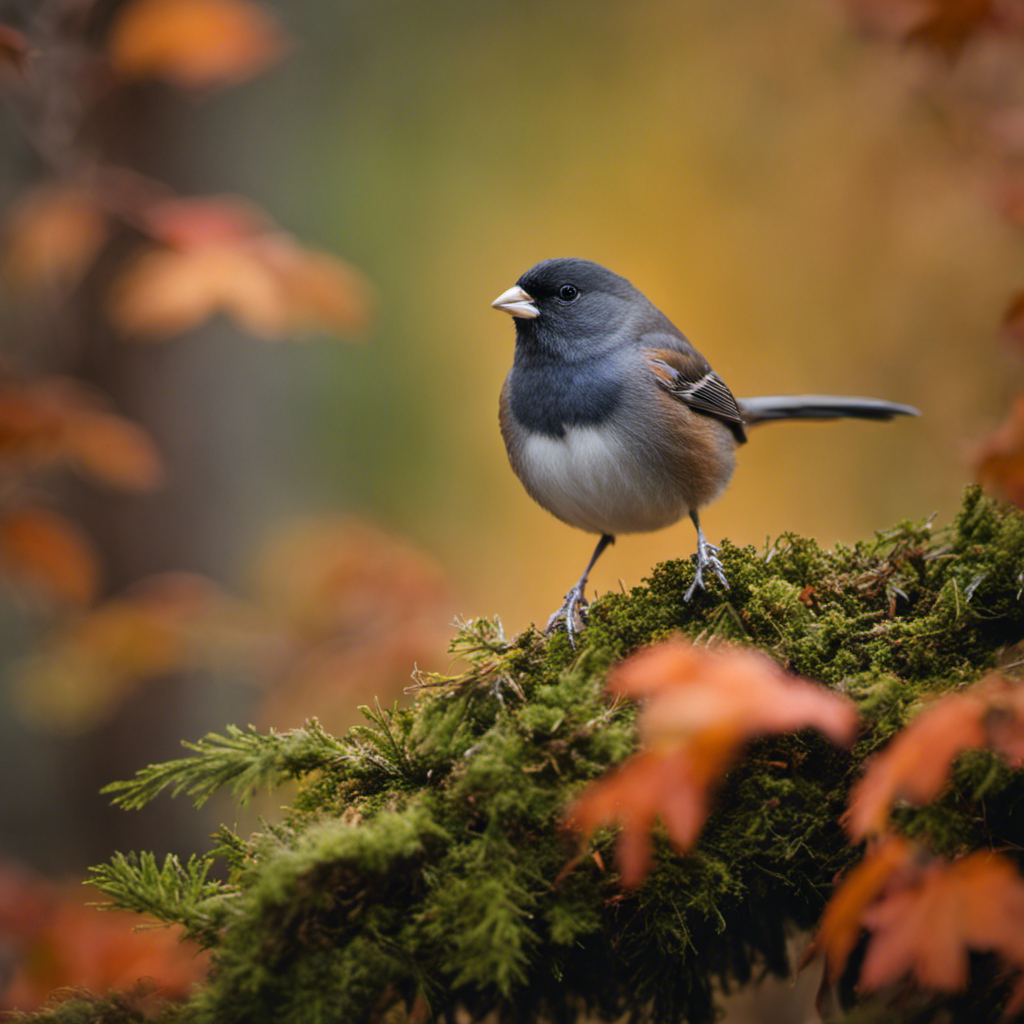 An image capturing the enchantment of an Ohio woodland: a Dark-eyed Junco perched on a moss-covered branch, its sleek charcoal feathers contrasting with the vibrant autumn foliage, evoking the essence of nature's quiet beauty