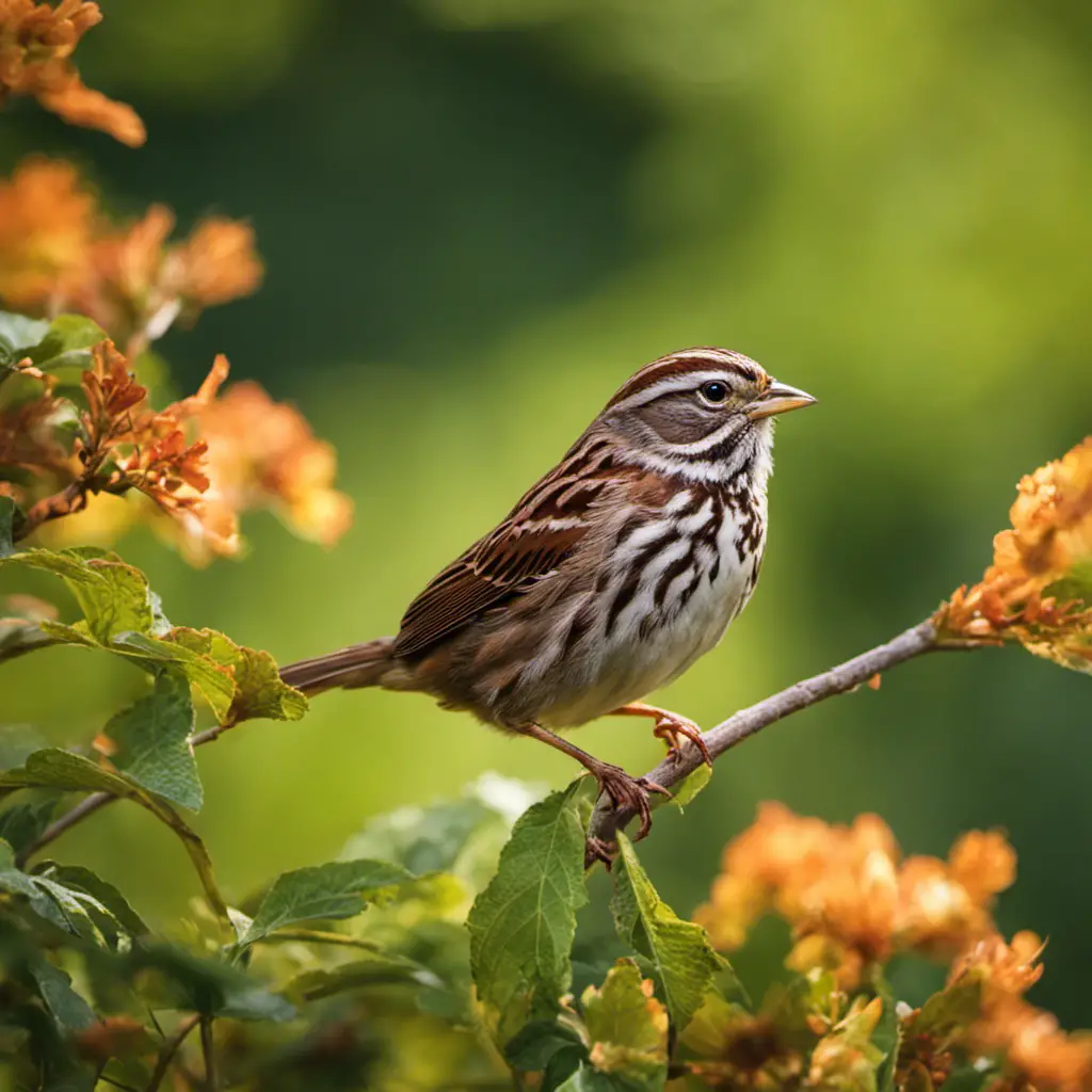 An image capturing the enchanting presence of a Song Sparrow in Ohio, showcasing its vibrant russet crown, streaked plumage, and melodious song, set against a backdrop of verdant, sun-dappled foliage