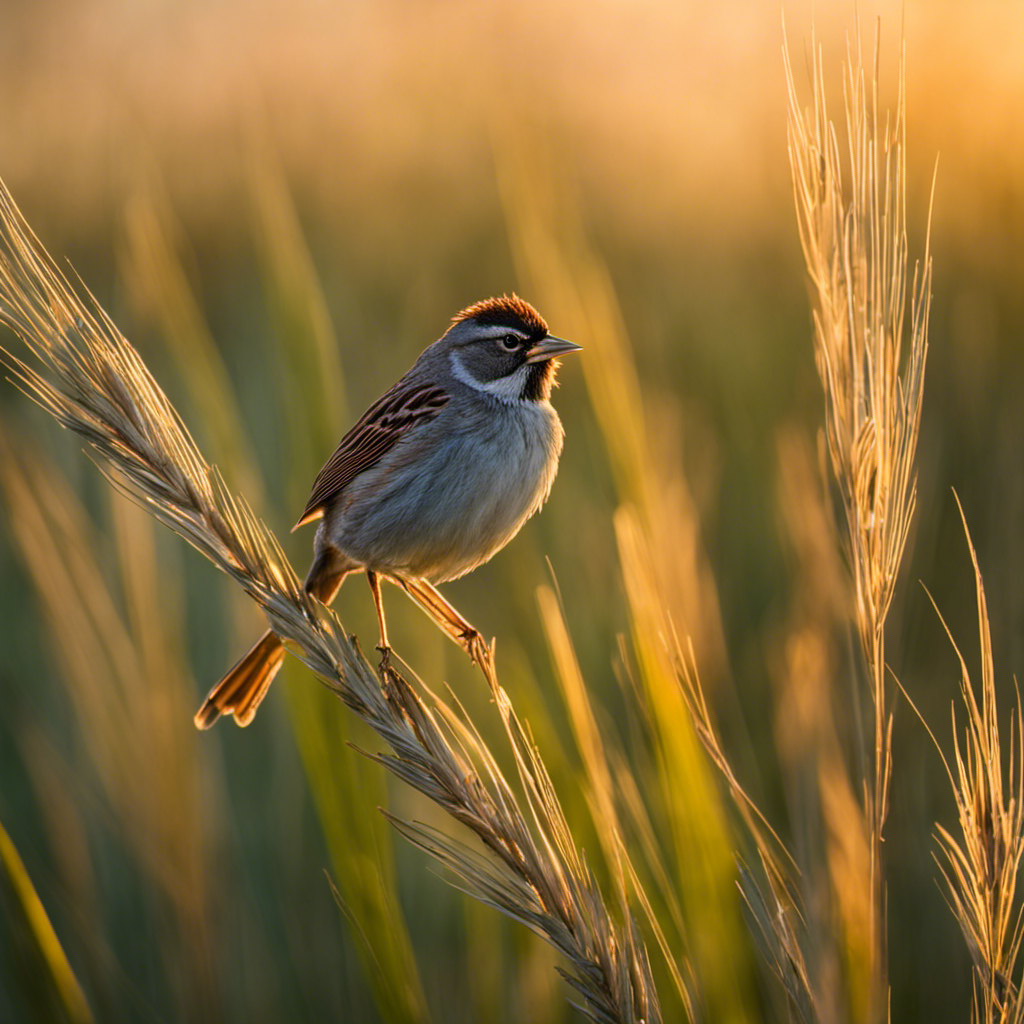An image capturing the ethereal beauty of a Seaside Sparrow in Ohio's coastal wetlands: a delicate bird with a russet crown, blending seamlessly with swaying marsh grasses, while the sun casts a golden glow over the serene scene